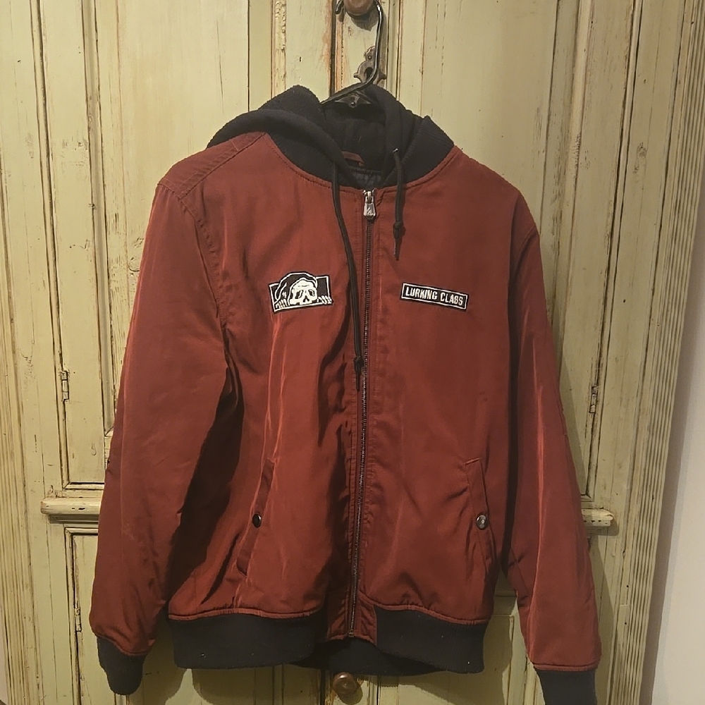 Deep Rust Casual Bomber Jacket with Hood and Full Zip
